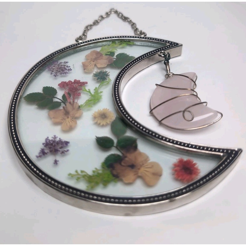 Vintage Dried Pressed Flowers Glass Metal half Moon Frame Hanging W/Rose Quartz - Picture 2 of 13